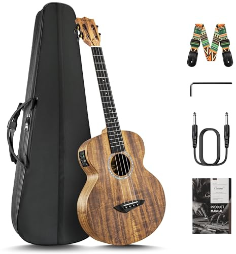 Caramel CB207 Akazien-Bariton-Akustik-Elektrische Ukulele mit Halsspannstab mit zusätzlichen Saiten, gepolsterter Gigbag, Gurt und EQ-Kabel