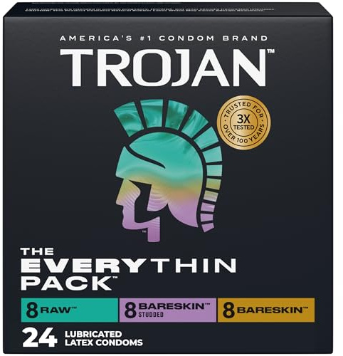 Trojan BareSkin Condoms, Everythin Variety Pack, Lubricated Latex BareSkin Thin Condom, 24 Count