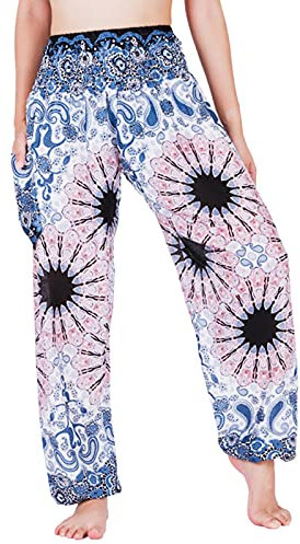 Lofbaz Yoga Boho Hosen für Damen Harem Hippie Kleidung Pyjamas Lounge Bekleidung Jogger Indian Bohemian Tanz Sommer Strand Mandala Blume Weiß M