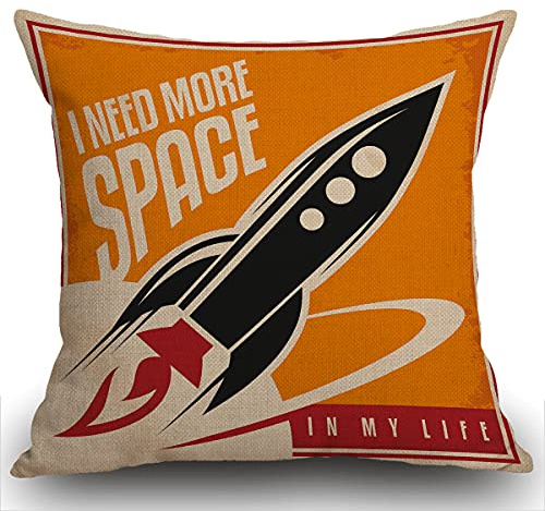 Smooffly Rocket Kissenbezug Kissen I Need More Space Quadratischer Wurfkissenbezug Home Deko für Sofa Couch Auto Schlafzimmer Wohnzimmer Dekor 45,7 x 45,7 cm Schwarz Rot Gelb