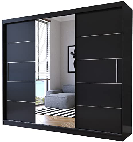 Fabryka Mebli Idźczak Kleiderschrank mit Spiegel, Schiebetüren - schwarzer Schwebetürenschrank, Schlafzimmerschrank - 61 x 250 x 218 cm - Schrank für Schlafzimmer, Wohnzimmer, Garderobe
