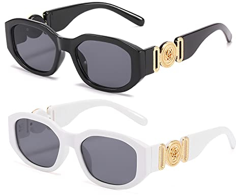 OSAGAMA Trendige rechteckige Sonnenbrille für Damen Herren unregelmäßige Vintage 90er Brille UV-Schutz (Schwarz+Weiß)