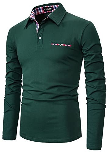 YCUEUST Men's Long Sleeve Polo Shirts Plaid Collar Cotton T-Shirt Green 3XL