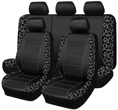 Flying Banner Carbon Fiber Leather Vehicle Seat Covers, Leopard Gray Black, Universal Fit - 8PCS