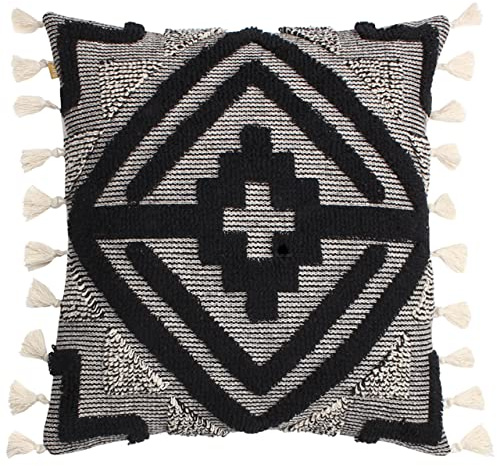 furn. Kalai Feather Filled Cushion – Textured Geometric Tassel Trim Decorative Pillow (Black – 45x45cm)