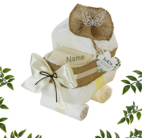 Windeltorte mit Name | Kleiner Windelwagen ALLES JUTE | zur Geburt Babyparty Babyshower | personalisiertes Baby Geschenk