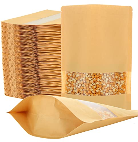GOYADA 100 Pcs Sachet Zip Kraft 26 x 18 cm, Sachet Kraft Alimentaire avec Fenetre, Pochette Zip Kraft, Sac Kraft avec Fenetre pour Haricots, Thé, Épices, Fruits Secs