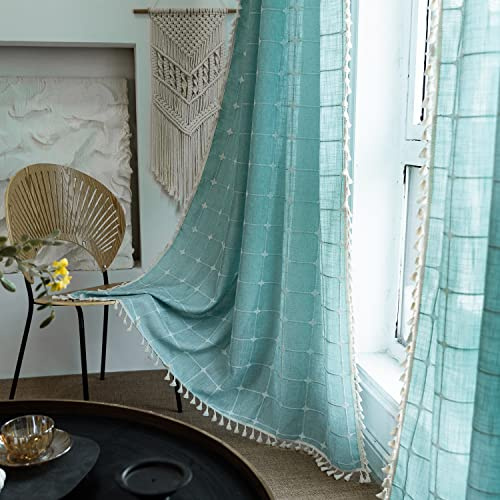 SASIGAYA Gardinen Boho Durchscheinend Verdunkelung Vorhang 140 breit Vorhänge Kariert Quasten Vintage Vorhang Landhausstil Baumwolle Leine Grün Gardinen für Modern Schlafzimmer Wohnzimmer 2 Stück
