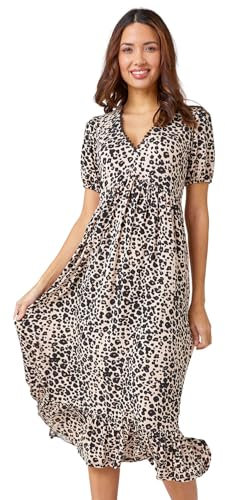 Roman Originals Animal Print Lace Trim Midi Dress for Women UK - Ladies Everyday Holiday Spring Summer V Neckline Comfy Soft Evening Vacation Work Party - Black - Size 16