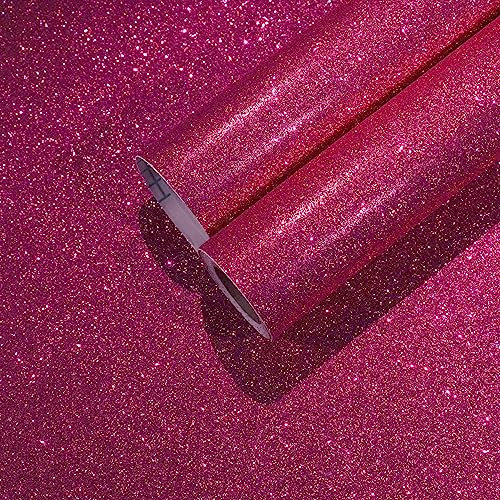 CHIHUT 15.7''x100'' Hot Pink Wallpaper Sparkly Glitter Wallpaper Stick and Peel for Bedroom Walls Self Adhesive Removable Pink Glitter Contact Paper for Cabinets Decorative Fabric Roll for Drawer
