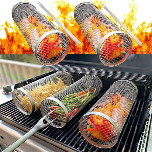 2Stück Rolling Grillkorb Zylindrischer Grillkorb Edelstahl mit Grillgabel, BBQ Grillrolle Grill Korb Grill Rack Grillen von Gemüse, Fisch, Fleisch Grillkorb Zylinder (2Stück, S (20CM))
