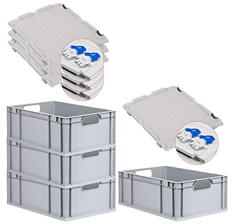PROREGAL SuperSparSet 4x Eurobox NextGen Economy mit Scharnierdeckel & blauen Verschlüssen | Griffe offen | HxBxT 22x40x60cm | 44 Liter | Eurobehälter Transportbox Transportbehälter Stapelbehälter