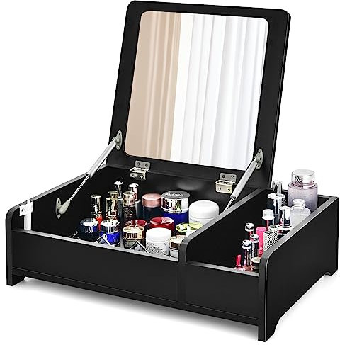 COSTWAY Desktop Makeup Organizer, Cosmetic Storage Box with Flip-Top Mirror, 2 In 1 Laptop Desk Countertop Dressing Vanity Table for Bedroom Dressing Room (Black)