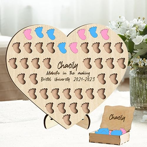 Personalisierbares Schild mit 50 Baby/Fuß/Herz/Leerzeichen, personalisierbarer Name, Abschluss, Hebamme, Fangzähler, Holz, für Neugeborene, Dokumententafel für Geburt, Hebamme Geschenk