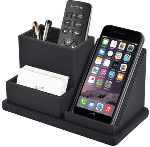 XNONE Schreibtisch-Organizer aus PU-Leder, multifunktional, für Handy, Fernbedienung, Aufbewahrungsbox mit 3 Fächern, Bürobedarf, Haftnotizen, Visitenkartenhalter, Schwarz