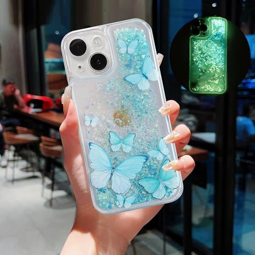 VALRION Compatible with iPhone 15 Glitter Butterfly Case Glow in The Dark Women Girls Girly Bling Sparkle Flowing Quicksand Light up Case Soft TPU Bumper Luminous Clear Phone Cover, Blue