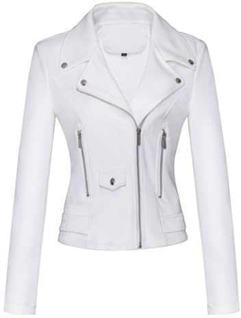 ANUFER Donna Ecopelle Scamosciata Giacca da Motociclista Bello Cerniera Incrociata Cappotto Corto SD5A1212 Bianco M