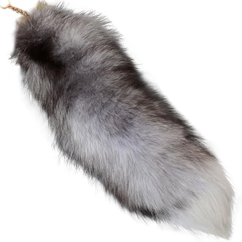 Fuchsschwanz Pelzschwanz Schlüsselanhänger 39,9 cm Tierschwanz zotteliger Kunstfellschwanz realistischer Fuchsschwanz Schlüsselanhänger dekorativer Therian Schwanz für Handtasche Rucksack Silber
