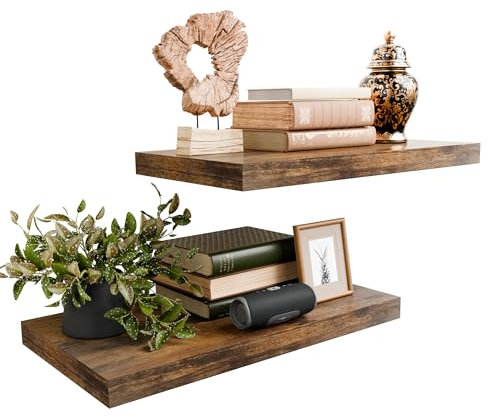 Rustikales braunes 61 cm schwebendes Regal für die Wand, Holz, 30,5 cm tief, schwebende Regale, 2er-Set, Wandregale für Badezimmer über Toilette, Live-Edge-Display-Regal mit unsichtbaren Halterungen