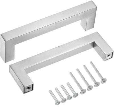sourcing map 5 Pack Square Bar Drawer Handles, 4 Inch Hole Center Modern Drawer Pulls Kitchen Cabinets Pull Stainless Steel Slim Cupboard Pulls, Brushed Silver