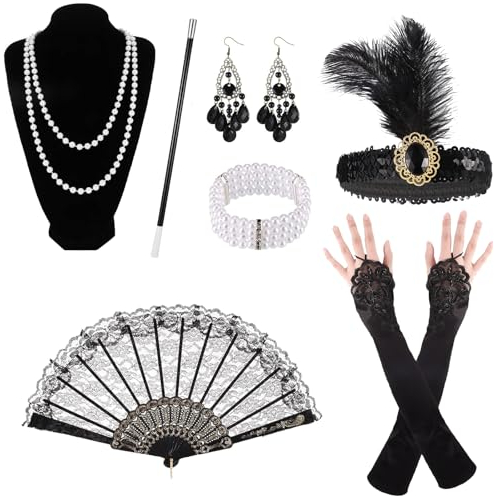 7 Stück 20er Jahre Damen Kostüm Accessoires, 20er Jahre Kleid Zubehör Set, Gatsby Accessoires Zubehör mit Stirnband Handschuhen Halskette Armband, Karneval Kostüm Damen Accessoires für Abschlussball