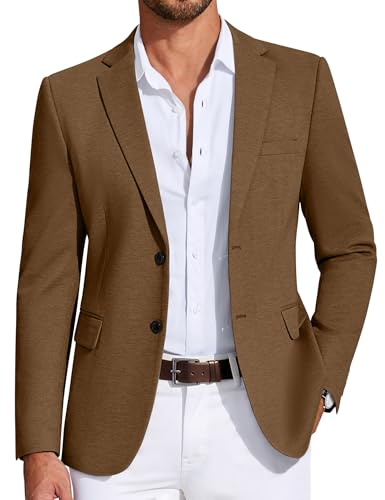 COOFANDY Mens Casual Blazer Knit Sport Coat Lightweight Two Button Suit Jacket Brown, L