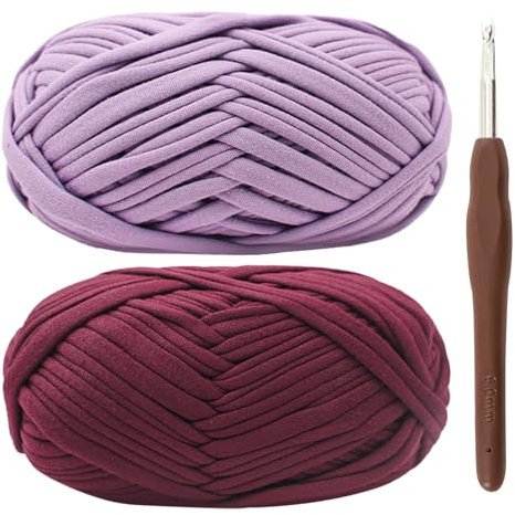 T-Shirt Garn, Bändchengarn zum Häkeln und Stricken - 2 x 100g Dickes Polyester-Garn mit einer 6mm-Häkelnadel für Häkeltaschen, Körbe, Teppiche, Heimdekoration und DIY-Kunsthandwerk (lila)