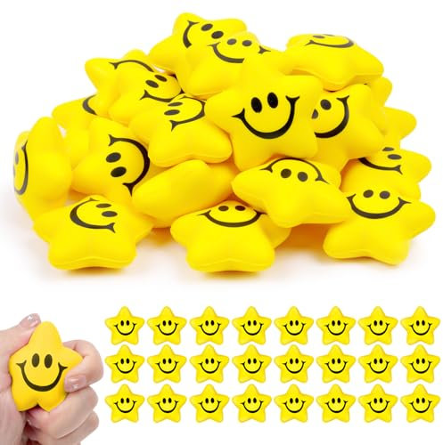 Ainiv 24 Stück Stern Lächeln Gesicht Stressbälle, 5.2cm Stern Schaum Smile Ball Sternform Stressball Relief Stern Stress Ball Lächeln Stressball für Schule Belohnung Student Party Tasche Füllstoffe