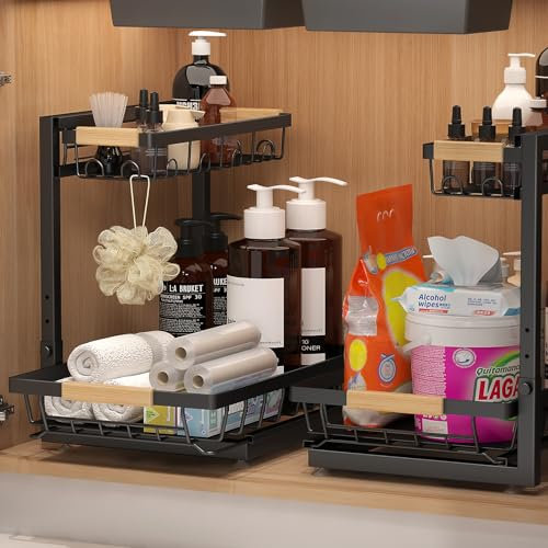 Sevenblue Paquete de 2 organizadores para debajo del fregadero, organizador de fregadero de cocina de 2 niveles, estante de almacenamiento multiusos para armario de cocina y baño, color negro