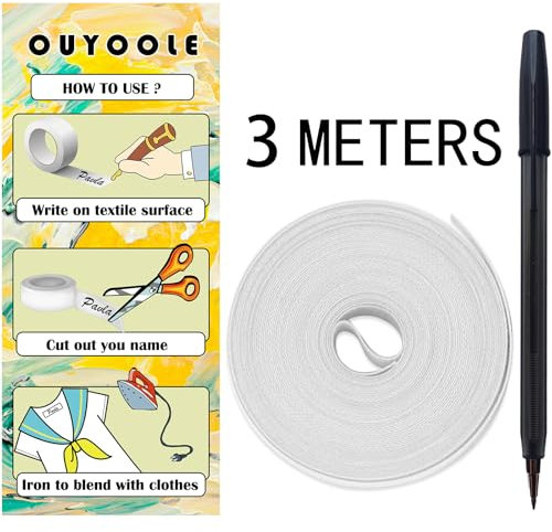 OUYOOLE Iron On Name Labels for Clothes, 3m x 1.6cm Kids Cloth Labels with Pen, Alternative for Name Stamp for Clothes Kids