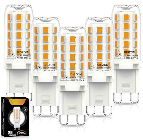 Bigzom G9 LED Warmweiß Dimmbar 5er Pack, 2700K 4W Ersatz 40w g9 Halogenlampe,G9 Led Dimmbar ohne Flimmern 450Lm AC220-240V für Drinnen und Draußen Schmücken Beleuchtung