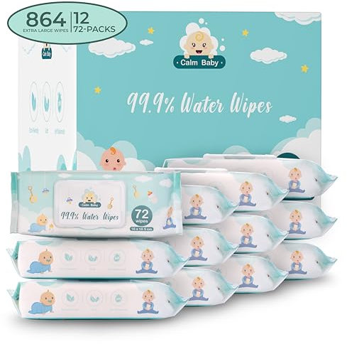 Calm Baby Feuchttücher, geruchlos, 99 % Bad, 864 Tücher, plastikfrei, hypoallergene Babytücher auf Wasserbasis, für empfindliche Haut, 16 x 18,5 cm, 12 Stück