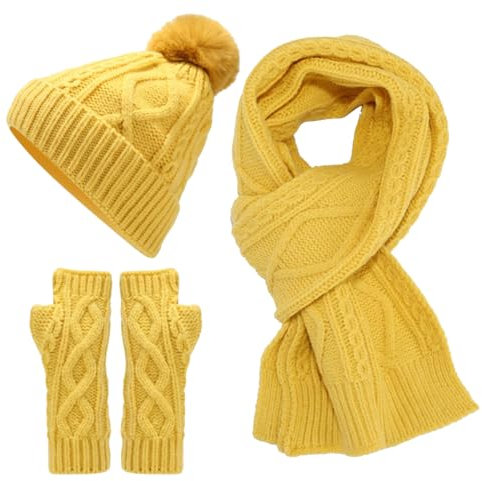 Schal und Mütze, Set für Herren, Schal, Handschuhe, Mütze, Set für Teenager, Mädchen, Damen und Herren, Herbst und Winter, warme Wollmütze, Schal, Handschuhe, Mütze für Herren, gelb, Einheitsgröße