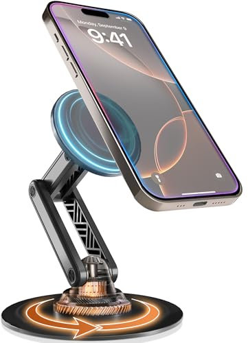 COOPER Support de Bureau Mag360 pour iPhone, Support MagSafe réglable à 360°, Support magnétique pour iPhone 16 Pro Max, 15/14/13/12/Plus, Pied Pliable à 3 Axes, Aimant Puissant (Noir Piano)