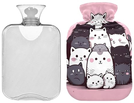 Cute Cat Friends Wärmflasche mit Bezug, 1 Liter Wärmbeutel zur Schmerzlinderung, Hot Bags, Wärmetherapie