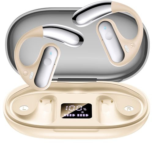 EUQQ Auriculares Inalambricos Caqui, Auriculares Bluetooth 5.3 Deportivos con Gancho de la Oreja, 40H de Reproducción,Llamada ENC HD, Profundamente Bajo, Pantalla LED, Ajuste Cómodo, IPX7 Impermeable