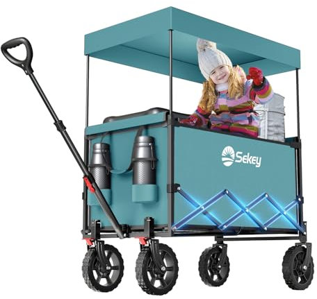 Sekey XXL Bollerwagen Faltbar Kinder 150L 150KG, Faltbarer Bollerwagen mit Dach Klappbarer Handwagen mit Sonnenschutz für Ausflug Strand Camping, Dach-S 4018, Grün