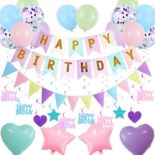 Deko Geburtstag Ballons Girlande Set - 61 Stück Geburtstagsdeko mit Happy Birthday Banner Luftballons Hängende Wirbel, Geburtstags Party Dekoration für Frauen Mädchen (Pastell)