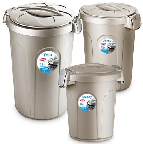 Home Centre Indoor Outdoor Clip On Locking Lid Set of 3 Beige Plastic Waterproof Waste Bin Garden Garage Office Kitchen Home Suitable Dustbin Sturdy Heavy Duty Rubbish Recycle Sortation 8l 23l 46l