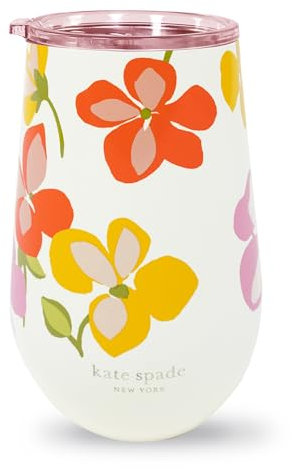 kate spade new york Insulated Stainless Steel Wine Tumbler, 16 Ounce Double Wall Tumbler, Floral Stemless Travel Cup with Lid, Spring Pansies