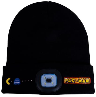 Fizz Creations Pac-Man LED Beanie Mütze Retro Gaming Beanie mit wiederaufladbarer Stirnlampe Licht Pac Man Schwarz Schwarz One Size, Schwarz, Einheitsgröße