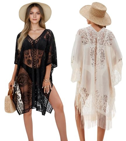 Zepphi Strandkleid Damen, 2 Stück Bikini Cover Up,Sommer Strandponcho Bademode, Sexy Strandkleider Leicht Badebekleidung Badeanzug Strandtunika für Urlaub, Pool,Strand und Party (Schwarz+Beige)