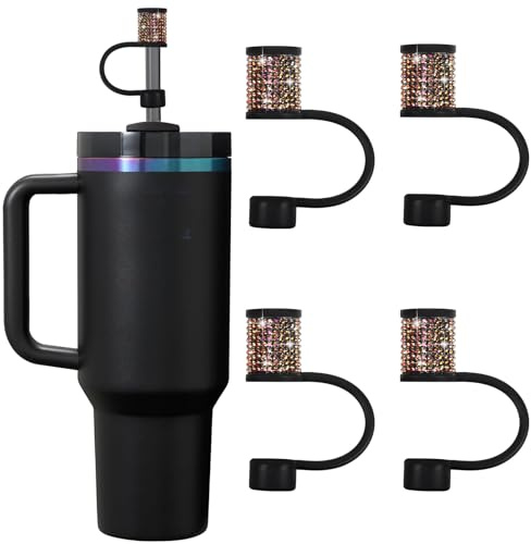 Stanley Cup Accessories Set, 4 Pcs Bling Diamond Straw Cover, Straws Cap for Stanley 30&40oz with Tumblers, 0.4in Lid Accessories for Stanleys, Straw Topper for 10 mm Straws (Black Gold)