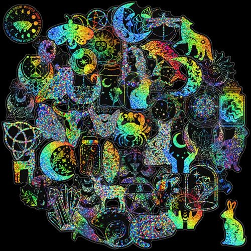 100 PCS Holographic Stickers for Scrapbooking, Waterproof Witchy Stickers for Journal, Laptop, Water Bottle, Transparent Decals for Adults DIY Crafts (Magic B)
