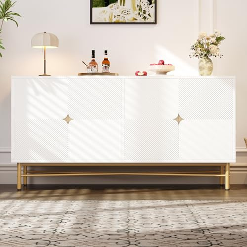 Buffet blanc - 160 x 40 x 82 cm - Avec 4 portes - Avec poignées dorées et pieds brillants - Armoire de rangement moderne pour salon, salle à manger - Design élégant
