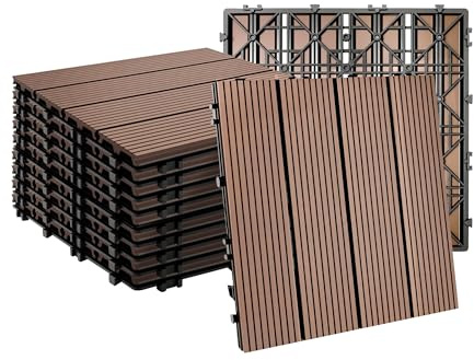Relaxdays WPC Fliesen 11 Stück, 30x30 cm, Balkonfliesen wetterfest, Terrassenplatten Klicksystem, 1 m², Holzoptik, braun