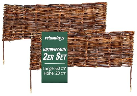 Relaxdays Beeteinfassung, Weide, 2er Set, HxB: 20 x 60 cm, zum Stecken, Beet & Rasen, niedrige Beetumrandung, braun