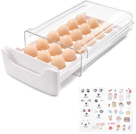 Portauova frigorifero 18 uova bianco con cassetto motivo gatto | Contenitore impilabile in PP e PET con scomparti profondi misura 31 x 17,7 x 8 cm e adesivo gatto incluso