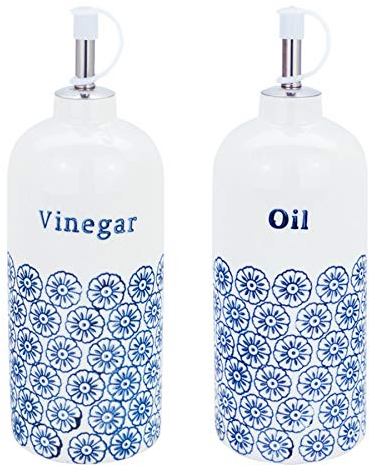 Nicola Spring Porcelain Vinegar/Olive Oil Dispenser Bottles - Blue Flower Print - 500ml - Set of 2