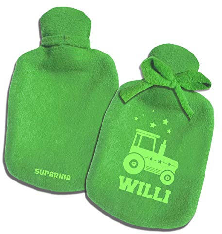 SupaRina Personalisierter Wärmflaschen-Bezug Kühlen Wärmen mit Namen und Motiv Traktor, unterschiedliche Farben und Motive nach Wahl, befüllbar kalt oder warm, weicher Fleece Grün auch mit Flasche
